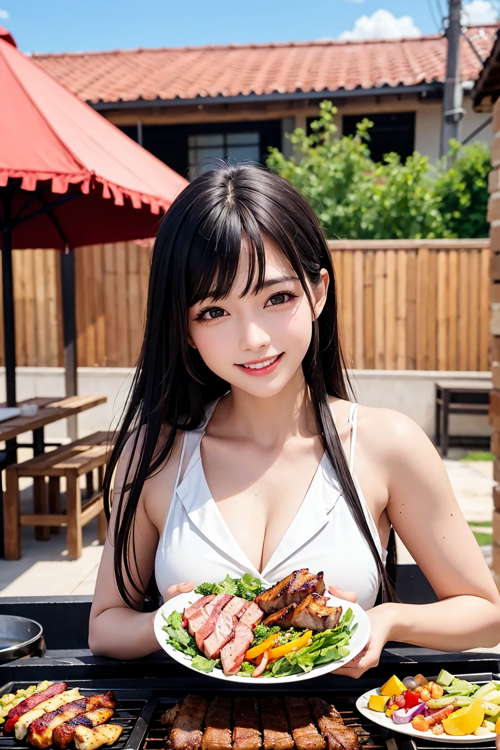 Photorealistic、Highest quality、Highest Resolution、Highest quality、８Ｋ、1人のBeautiful woman、Beautiful woman、Beautiful woman、looks fun、smile、Smile、Grilled meat、BBQ、Grilling meat、eating meat、Grilled meat、looks delicious、