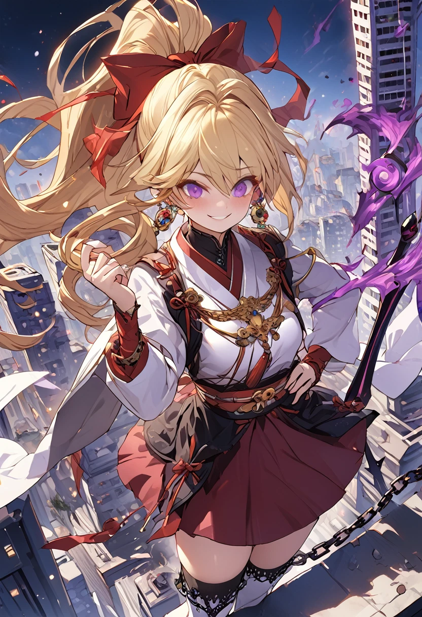 nsfw, destroying, 1girl, solo, standing on the roof of a skyscraper, dark persona, hand on own hip, pillars of purple fire, gripping sword in hand, masterpiece, best quality, ultra-detailed, illustration, beautiful detailed eyes, kusakabe maron, kaitou jeanne, long hair, smile, black cloth, purple eyes, boots, blonde hair, bow, ribbon, hair ribbon, ponytail, earrings, red ribbon, red bow, drill hair, high ponytail, purple obi, chains, yin yang, earring, pierces, beautiful art, high res, perfect face, detailed outfit,