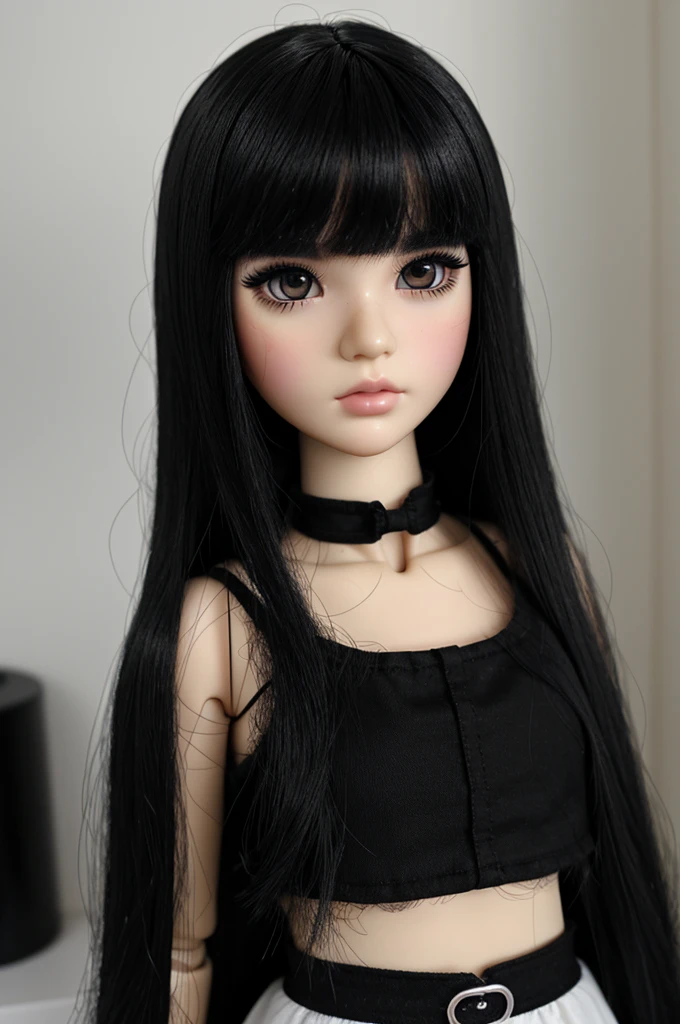 Single Blythdoll with full black eyes and black eyebrows, has eyeliner, the hair is color black and has thin bangs, fair white skin color, wears black tube, close up look.