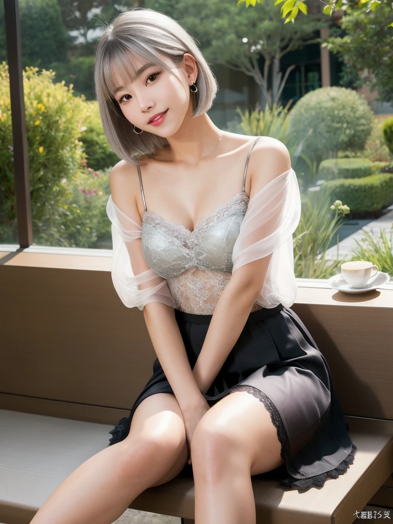 (8K, Realistic, RAW Photos, Highest quality: 1.4, detailed),Japanese idol-style beautiful girl,1 person,18-year-old,(Short Bob),(Silver Hair :1.1),She has her hair tucked behind her ears,Large, clear grey eyes,Long eyelashes,(piercings(small)),(Lip gloss),lips(Plump,glossy),(Lace tube top),(A short, see-through jacket),(Sheer layered skirt),Long legs,Barefoot and high heels,Cafe terrace with a view of the Japanese garden,(Sit on a chair(Spread your legs wide :2.2,Lean forward on the chair with your hands between your legs. :1.2)),Smiling at the camera,Low Perspective,Full body portrait