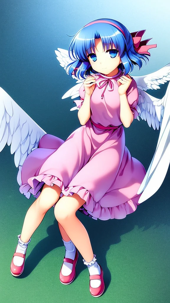 masterpiece, best quality, 1girl, , , 10 years old, medium blue hair, hair flaps, pink ribbon on head, well-formed face, blue eyes, angel girl, white blouse, puffy short sleeves, red ribbon, angel wings, long white skirt, red shoes, frills, ribbon head