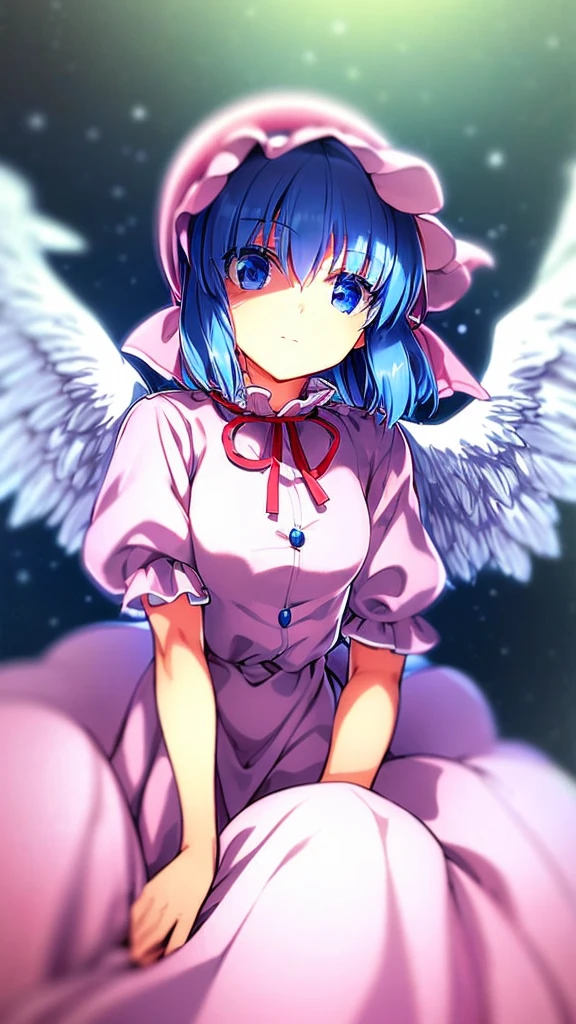 masterpiece, best quality, 1girl, , , 10 years old, medium blue hair, hair flaps, pink ribbon on head, well-formed face, blue eyes, angel girl, white blouse, puffy short sleeves, red ribbon, angel wings, long white skirt, red shoes, frills, ribbon head