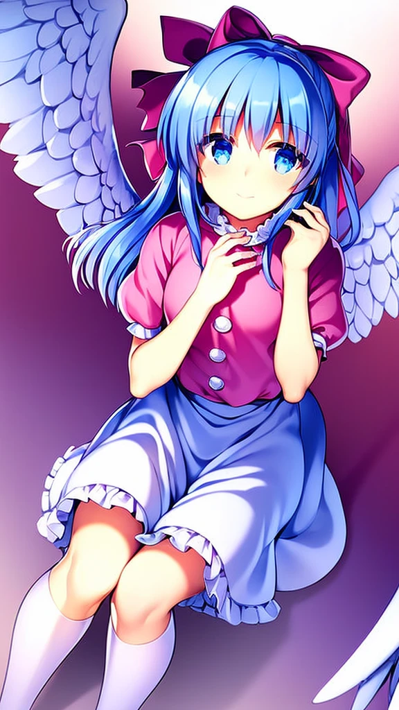 masterpiece, best quality, 1girl, , , 10 years old, medium blue hair, hair flaps, pink ribbon on head, well-formed face, blue eyes, angel girl, white blouse, puffy short sleeves, red ribbon, angel wings, long white skirt, red shoes, frills, ribbon head