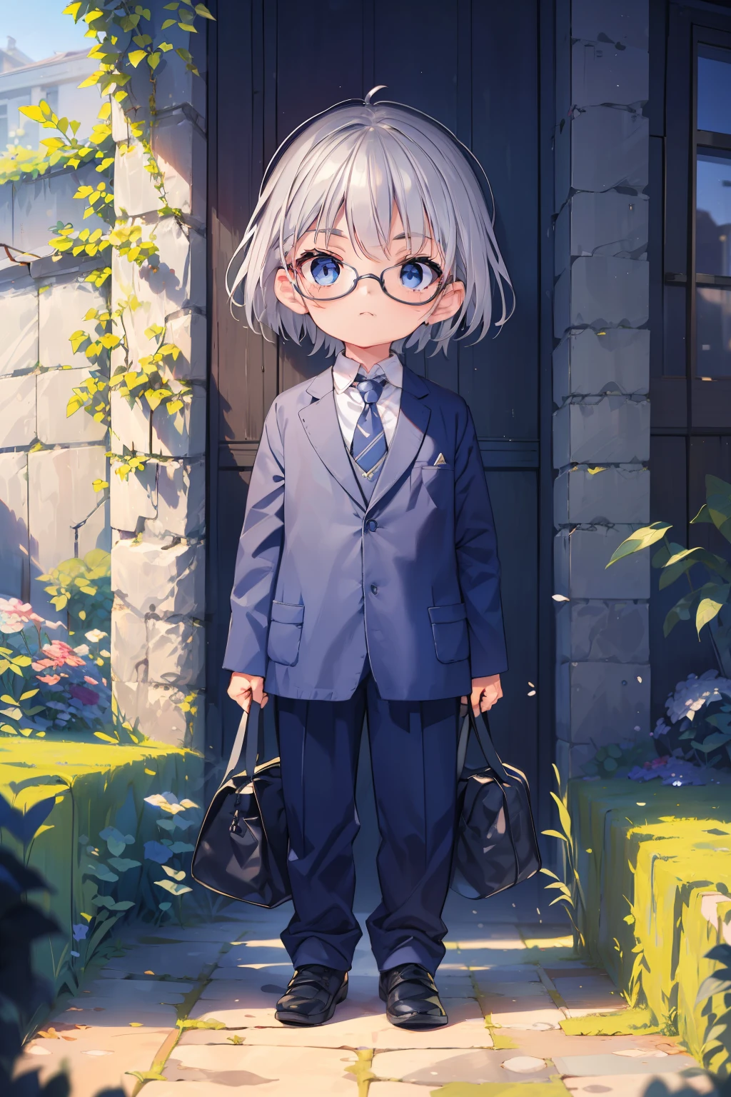 masterpiece, best quality, high quality, 1boy, solo, male focus,upper body, takahiro_mizusawa, jewelry,realistic,(((forehead))),(((two-block cut hair))),(((silver hair))),(((dark blue eyes))),glasses,(crossed arms),(leaning on wall),expressionless,((long sleeve gray suit)),necktie