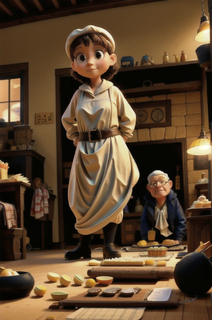 A girl watching an old man make a cake in his bakery