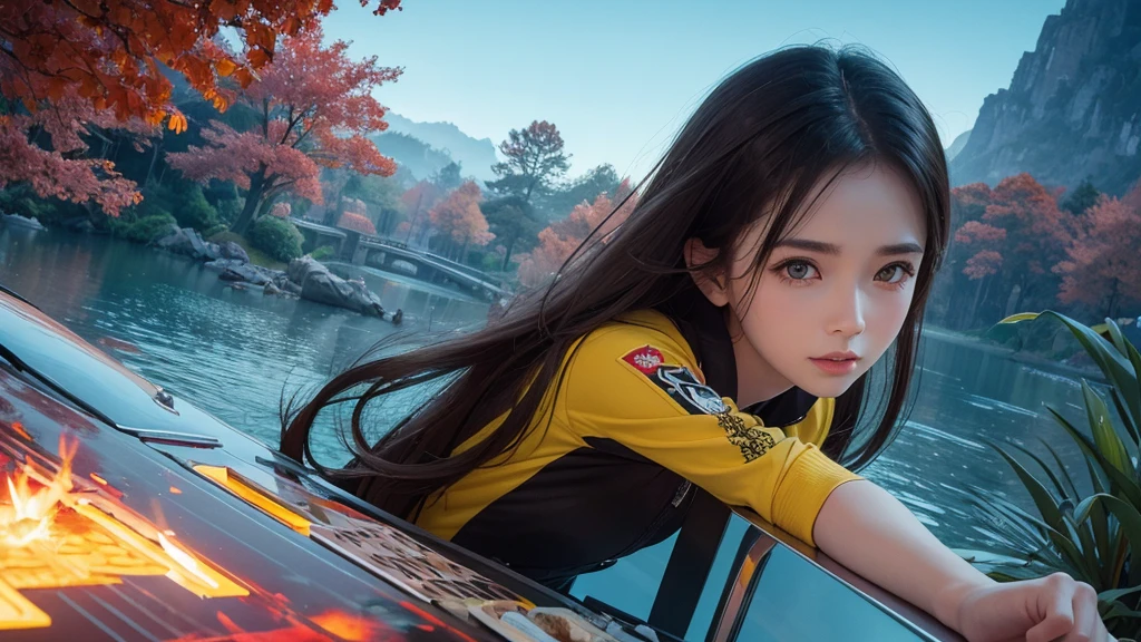 32k, Masterpiece, Highest quality, One girl, Detailed eyes, flower,gladiolus, Yellow and red style,A dreamy, romantic piece,Pale yellow, Mysterious Leaves,A playful arrangement,Fantasy,High Contrast,Ink strokes,explosion,Exposure, Impression of light blue and red tones,Abstract,((Watercolours by John Berkey and Jeremy Mann )) Brush strokes,Negative Space, Tyndall effect,