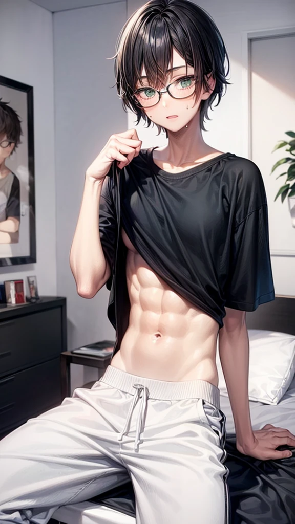 a age boy, masculine face, short black hair with bangs, greeneyes, Caucasian skin, glasses, sitting on your bed, toned body hidden by a large plain black t-shirt and sweatpants, happy facial expressions, hands hidden behind the back, abdomen appearing