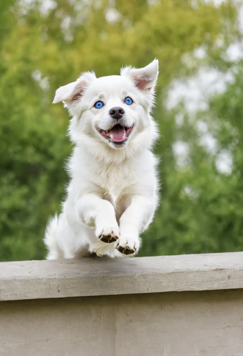 white dog,blue eyes,on home,jump catch a ball
