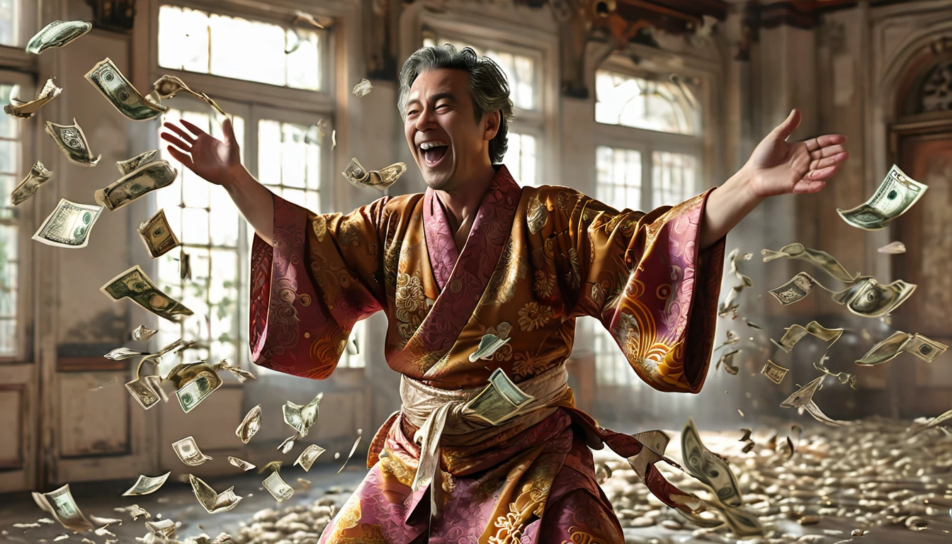 A middle-aged man laughing and scattering a large amount of banknotes in the air in a room in a mansion. The man is wearing a plain brown Japanese kimono, Full Body, Wide Angle, 4K (Man) High Resolution, Sharp Focus, (Ultra Detailed, Highly Detailed), (Photorealistic Artwork: 1.37), (Highly Detailed CG Unity 8k Wallpaper), (((Vibrant Colors, Vivid Themes))), (Intricate), (Masterpiece), (Best Quality), Art Photography, (Photo by sldr), (Intricate Background), Perfectly Rendered Face, Perfect Facial Details, Realistic Face, Photorealistic, ((Intricate Details)), (((Realism))), Full Body, Wide View,