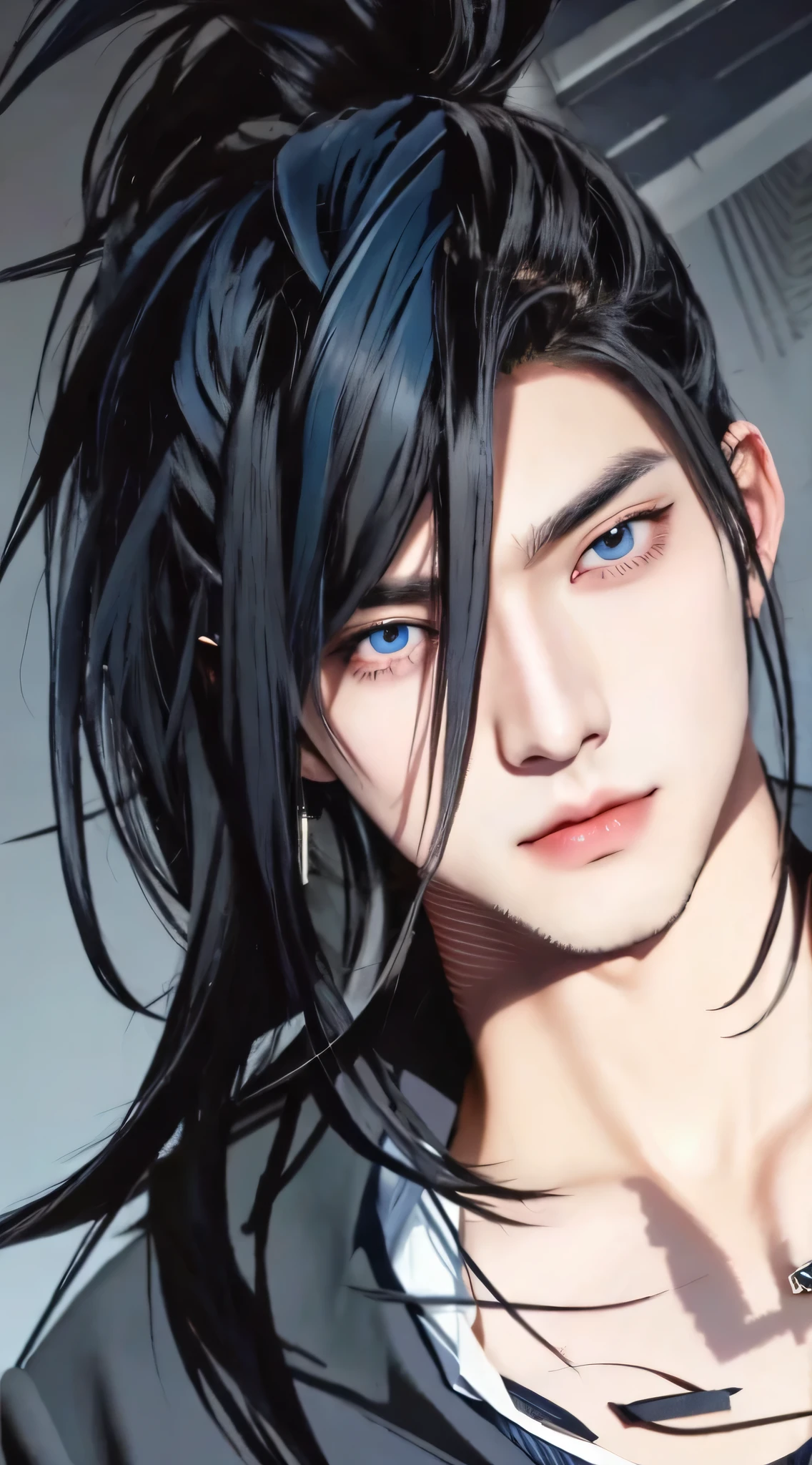 anime boy with orange black hair and dark blue eyes in a suit, anime guy with dark blue eyes, anime handsome man, realistic, ultra details