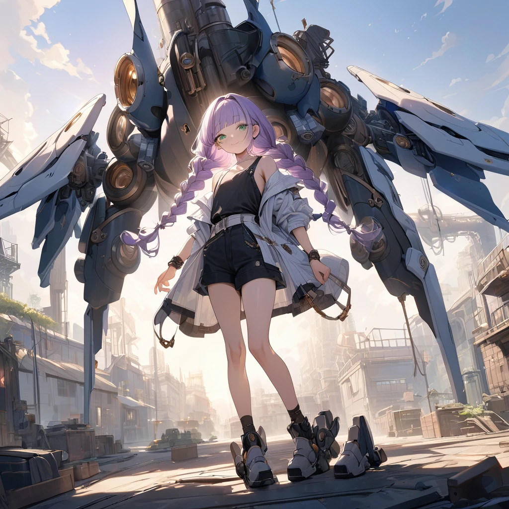 (Cute a girl:1.5), (masterpiece:1.3), anime visual, (a gril with semi long twin braids wavy hair, pale purple blunt bangs hair, dark green eyes,smiling:1.3), (tilt head:1.3), extremely delicate face, realistic lighting and shading, (exceptional, best aesthetic, new, newest, best quality, extremely detailed, :1.2),8k, white theme, blue theme,
a girl is wearing A suit with mechanical wings, A black tank top,Steampunk goggles, wristbands,flat chest,big mecha wing,She is flying over the sky on a steampunk factory, light coming from behind her, look at viewer, morning lit,fullbody shot,