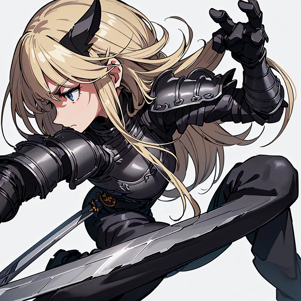 (((Solo)))、Highest quality, Best Quality、8K、Best illustrations、(Full body character concept、detailed)、(((Gray simple armor、Black trousers、Black gloves))、(woman、18-year-old)、(Blonde、Long Hair)、(((Grab the sword)))、(White background)、(Fighting stance,)、Dramatic Angle、(From the side、profile)