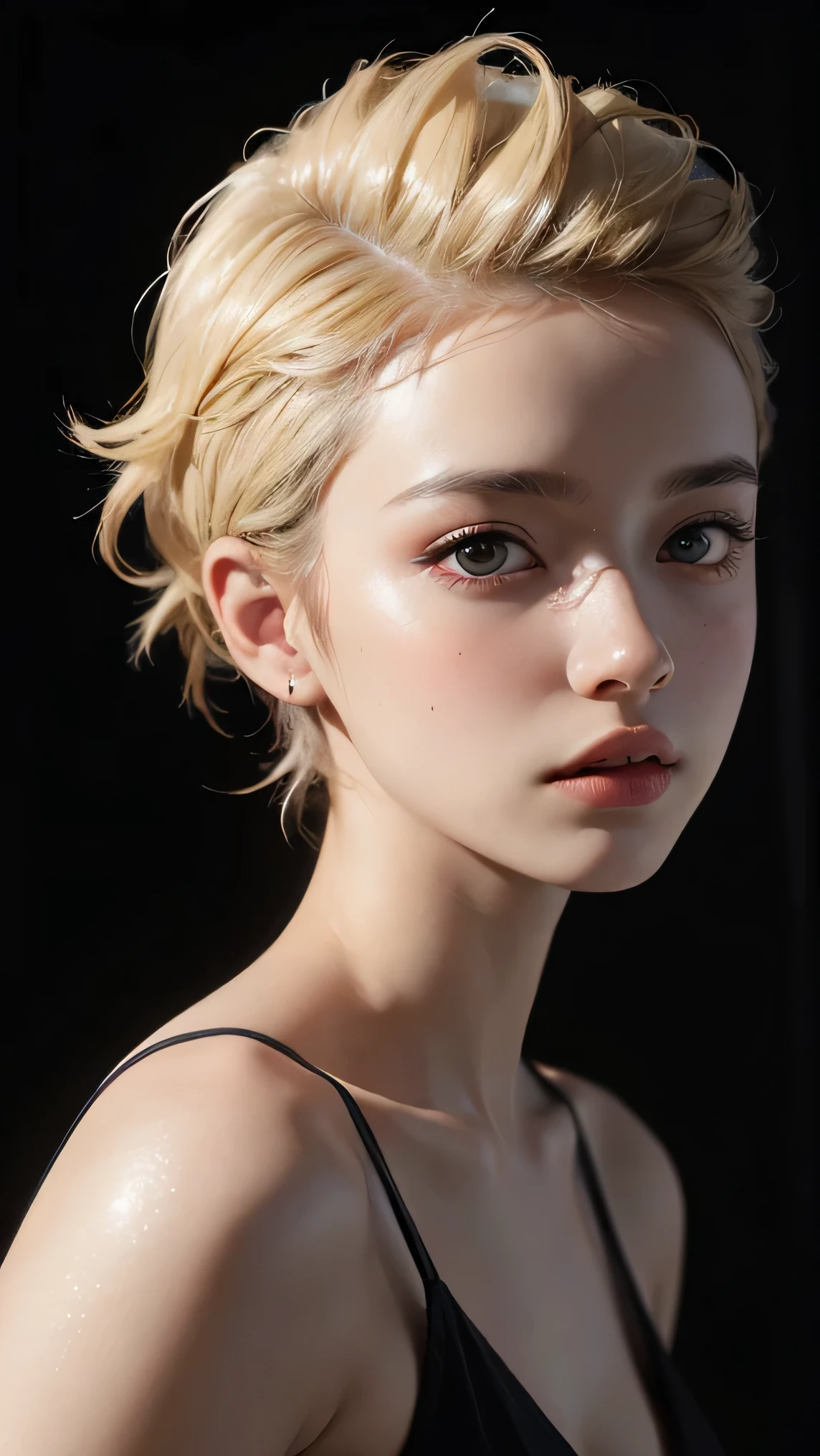 20-year-old woman, blonde, (High Top Fade:1.3), Dark Theme, Calm tone, Calm colors, High Contrast, (Natural skin texture, Hyperrealism, Soft Light, sharp)