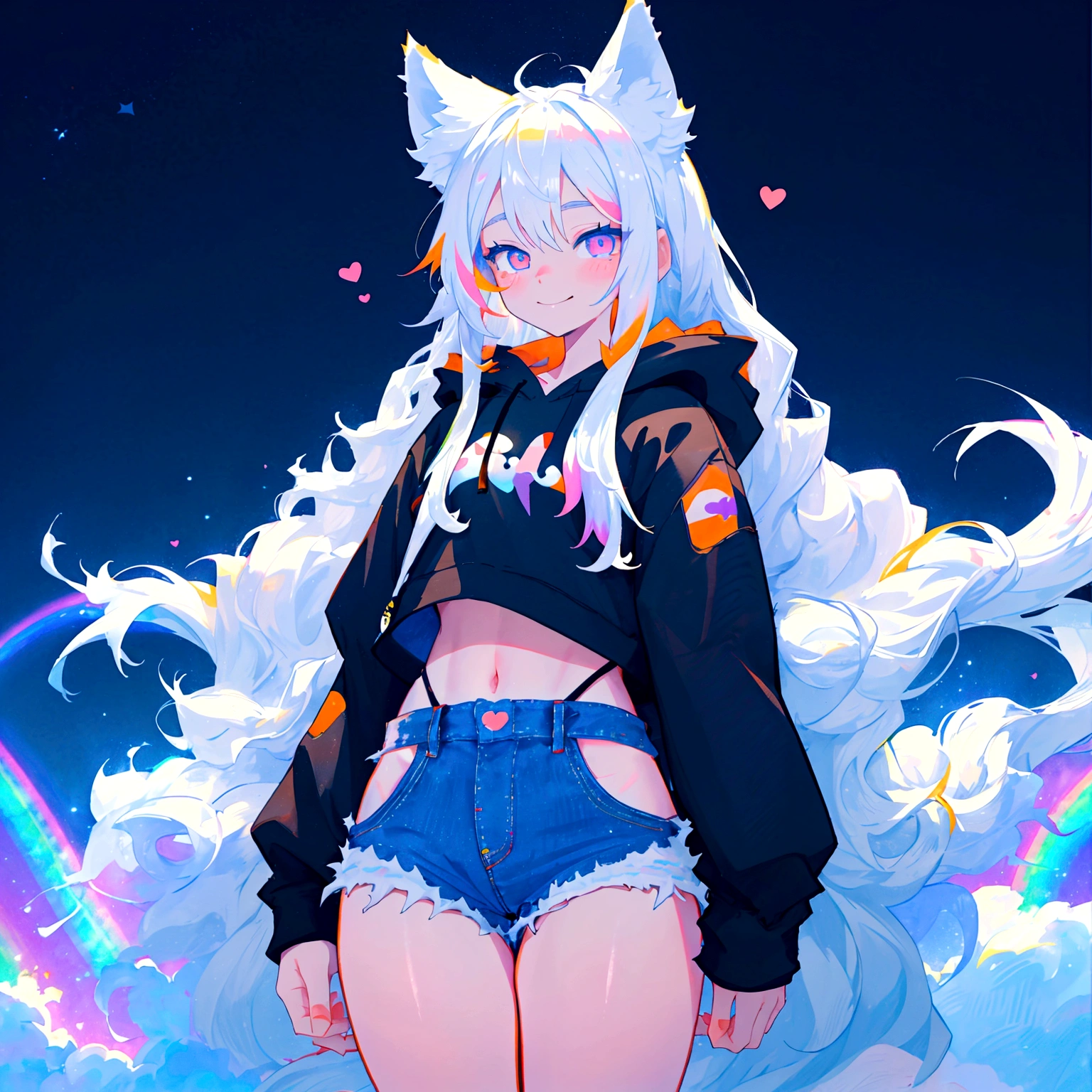 a cute adult male with wolf ears, long white hair, long locks, has a wolf tail, wearing a loose cropped black hoodie, wearing a pair of denim short shorts and fishnet stockings, thick thighs, wide hips, relaxing on mountain of fluffy multi colored kawaii plushies, short, very slim, showing slender tummy, heart on hoodie, squishy thighs, has glowing blue eyes. alone, solo (ALONE)(SOLO), surrounded by rainbows, colorful galaxy backround, smiling,