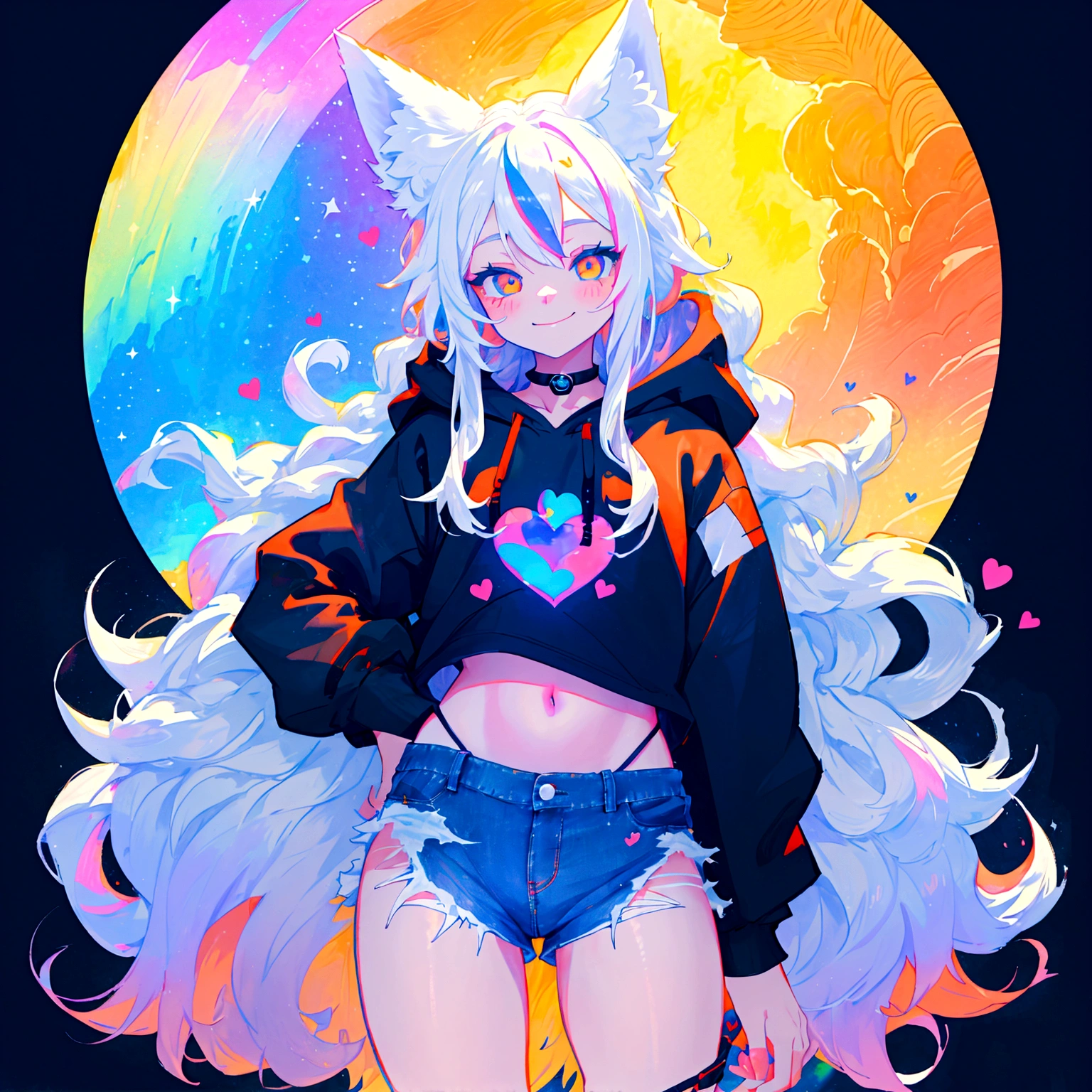 a cute adult male with wolf ears, long white hair, long locks, has a wolf tail, wearing a loose cropped black hoodie, wearing a pair of denim short shorts and fishnet stockings, thick thighs, wide hips, relaxing on mountain of fluffy multi colored kawaii plushies, short, very slim, showing slender tummy, heart on hoodie, squishy thighs, has glowing blue eyes. alone, solo (ALONE)(SOLO), surrounded by rainbows, colorful galaxy backround, smiling,