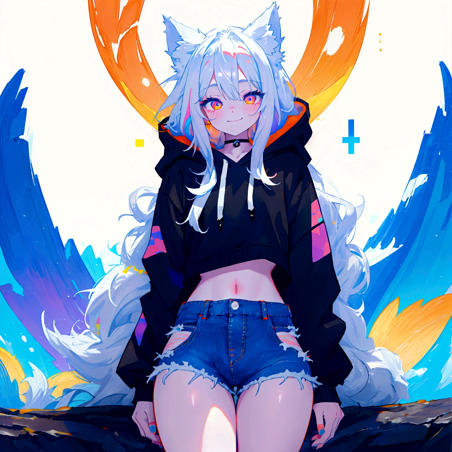 a cute adult male with wolf ears, long white hair, long locks, has a wolf tail, wearing a loose cropped black hoodie, wearing a pair of denim short shorts and fishnet stockings, thick thighs, wide hips, relaxing on mountain of fluffy multi colored kawaii plushies, short, very slim, showing slender tummy, heart on hoodie, squishy thighs, has glowing blue eyes. alone, solo (ALONE)(SOLO), surrounded by rainbows, colorful galaxy backround, smiling,