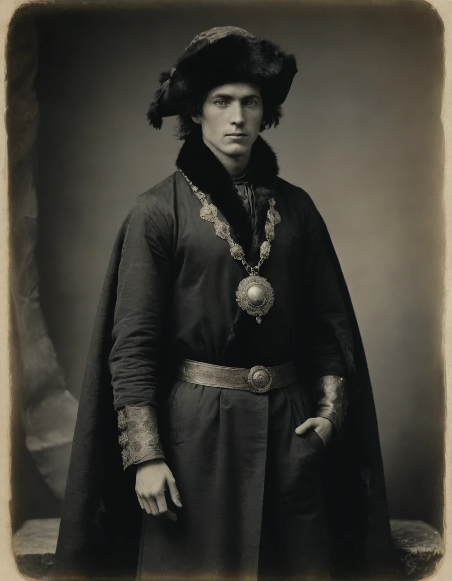 by Moebius Jean Giraud, by Caspar David Friedrich, ((((Rough monochrome, daguerreotype on old paper)))), full body portrait of a a beautiful, teenage male noble, arrogant, facing viewer. He is wearing a ((fur hat)). He is wearing a black Mughal caftan, with diamond shape symbology, with moth symbology, with dragon symbology, jungle background.