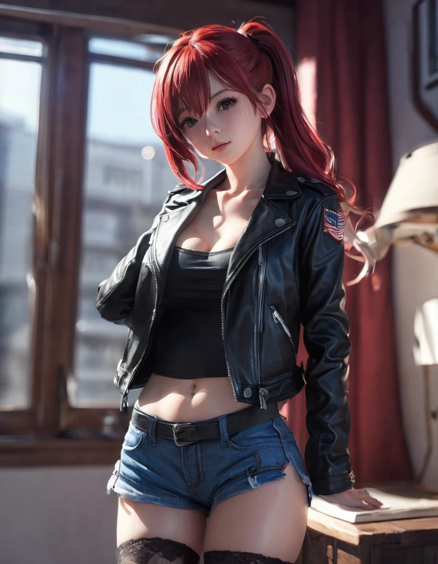 BREAK Perfect Anatomy、Highest quality、(cute:1.1)、(cute)、(High resolution:1.2)、Unbelievably absurd:1.3、Incredible illustrations、(cuteイラスト:1.2)、nsfw,(Beautiful background、Late Night、Bedroom、Red Curtain)、1gial(Red hair、strong wavy hair、ponytail)
,(leather jacket、Short denim、Red Tank Top、Thigh-high stockings)Holding a large knife in his hand、Against the wall、Glaring at me