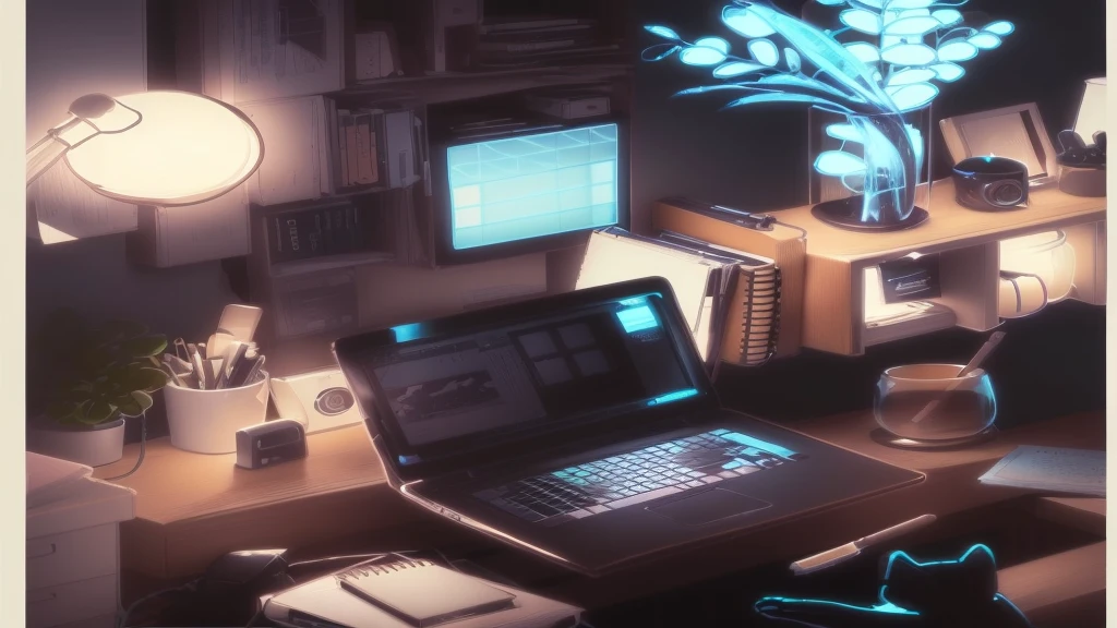 someone is working on a laptop in a Home Office, Office Background, lo-fi Illustration Style, Computer Aesthetics, Lofi Art, Lofi Artstyle, Illustration Style, アニメーションIllustration Style, Home Office, on the desk, Cozy environment, Lo-fi aesthetic, Anime Aesthetics, Lo-fi art, Pleasant aesthetics, Light Academia Aesthetics, Daily life, Warm space, Sunset、window