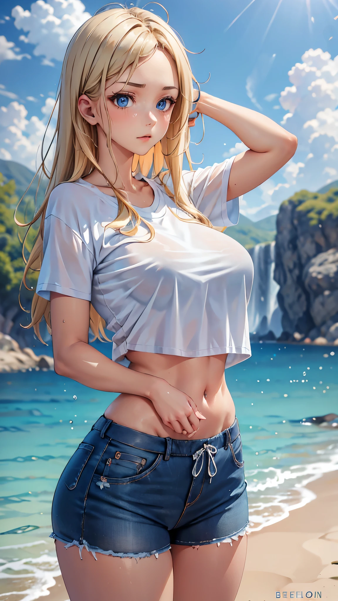 woman thin, pans jogger, blondy hair, blue eyes, busty. Blue low-cut t-shirt