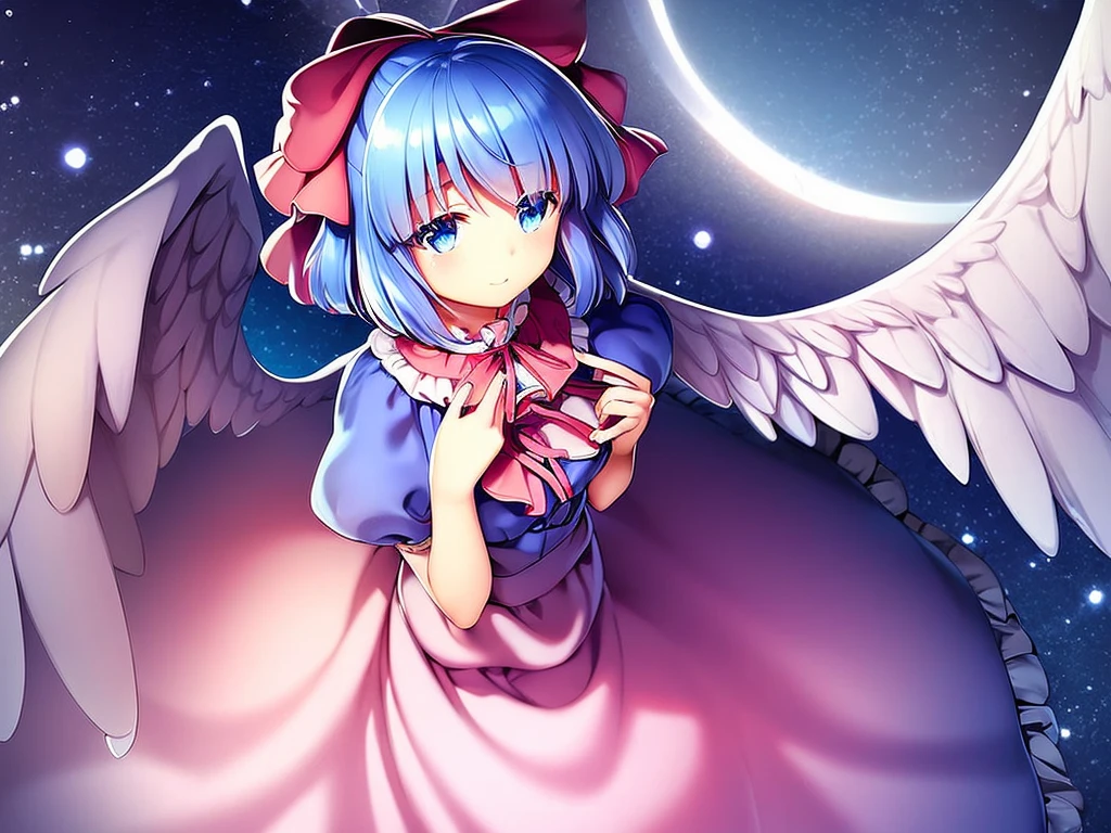 masterpiece, best quality, 1girl, , , , medium blue hair, hair flaps, pink ribbon on head, well-formed face, blue eyes, angel girl, white blouse, puffy short sleeves, red ribbon, angel wings, long white skirt, red shoes, frills, ribbon head