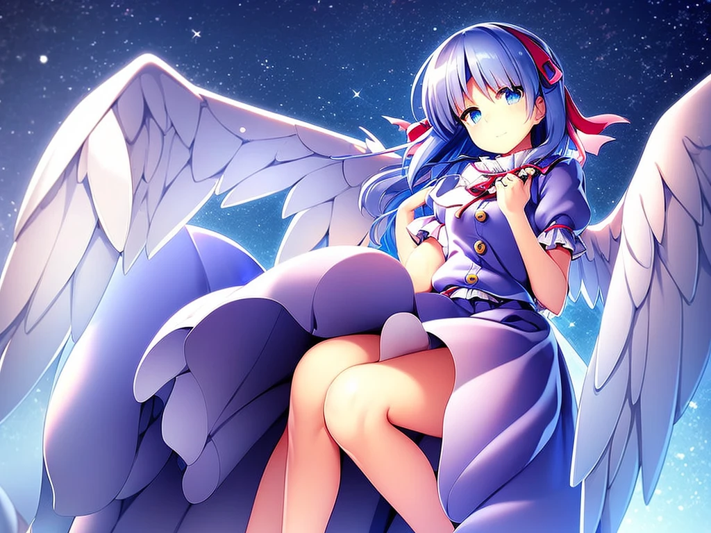 masterpiece, best quality, 1girl, , , 10 years old, medium blue hair, hair flaps, pink ribbon on head, well-formed face, blue eyes, angel girl, white blouse, puffy short sleeves, red ribbon, angel wings, long white skirt, red shoes, frills, ribbon head