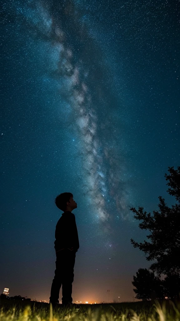 Shadow of a boy looking up at the sky,ground,Grass,A galaxy in the sky,night,32k