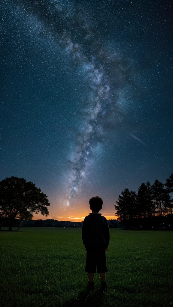 Shadow of a boy looking up at the sky,ground,Grass,A galaxy in the sky,night,32k
