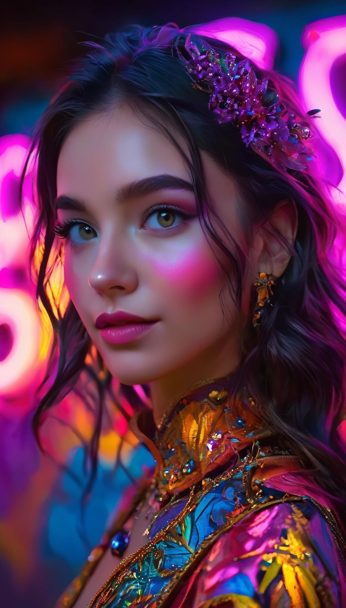 a detailed and ornate portrait of a young woman with a warm, radiant smile, set against a vibrant neon pink graffiti-covered backdrop in a dark night scene, with bright glowing eyes and a striking purple lighting effect, (best quality,4k,8k,highres,masterpiece:1.2),ultra-detailed,(realistic,photorealistic,photo-realistic:1.37),extremely detailed facial features,beautiful detailed eyes,beautiful detailed lips,extremely detailed eyes and face,longeyelashes,intricate ornate decorations,food items,studio lighting,vivid colors,professional,dark moody atmosphere, symmetrical face,