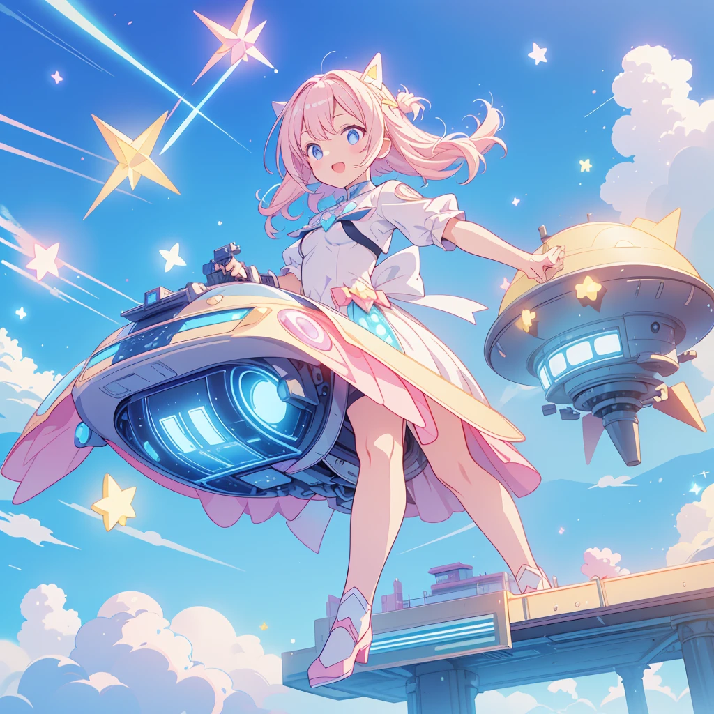 Absurd、Masterpiece、Highest quality、Official Art、The best dynamic composition、Futuristic flying star-shaped pastel colored vehicle、Kawaii Tech,