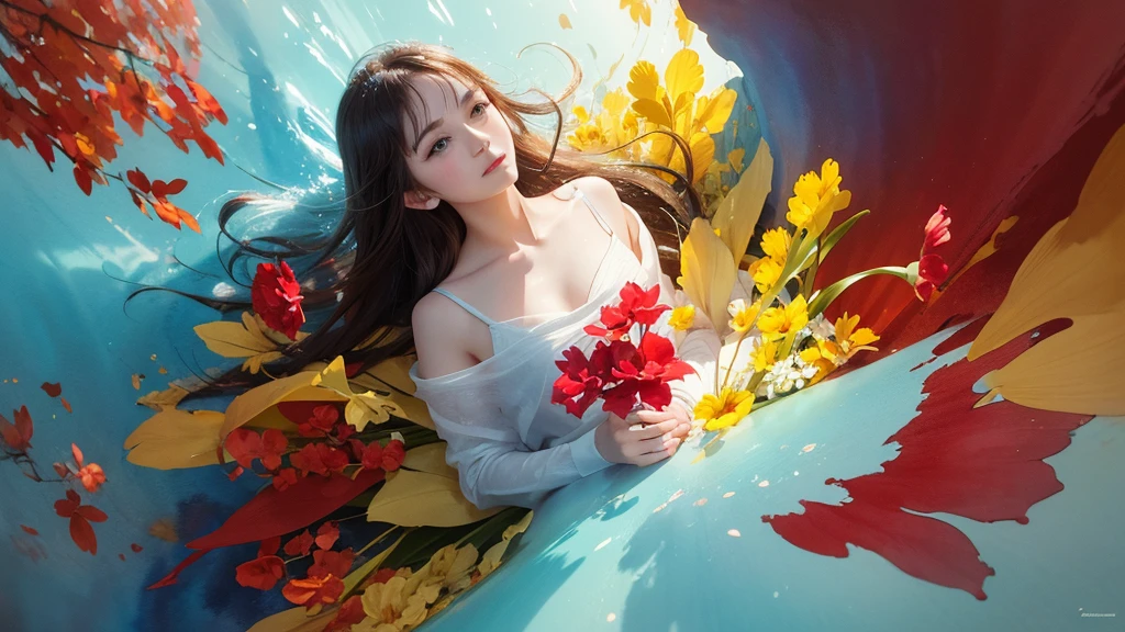 32k, Masterpiece, Highest quality, One girl, Detailed eyes, flower,gladiolus, Yellow and red style,A dreamy, romantic piece,Pale yellow, Mysterious Leaves,A playful arrangement,Fantasy,High Contrast,Ink strokes,explosion,Exposure, Impression of light blue and red tones,Abstract,((Watercolours by John Berkey and Jeremy Mann )) Brush strokes,Negative Space, Tyndall effect,