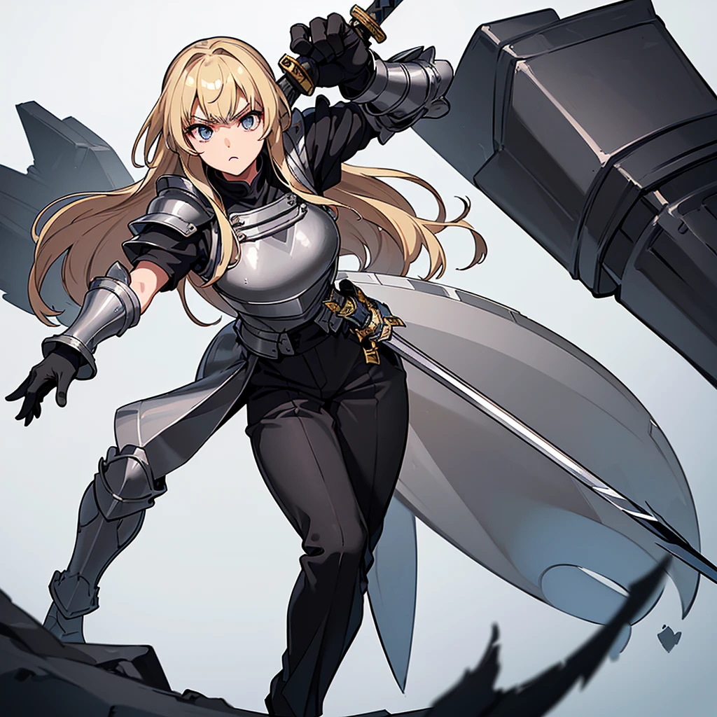 (((Solo)))、Highest quality, Best Quality、8K、Best illustrations、(Full body character concept、detailed)、(((Gray simple armor、Black trousers、Black gloves))、(woman、18-year-old)、(Blonde、Long Hair)、(((Grab the sword)))、(White background)、(Fighting stance,)、Dramatic Angle、(From below)