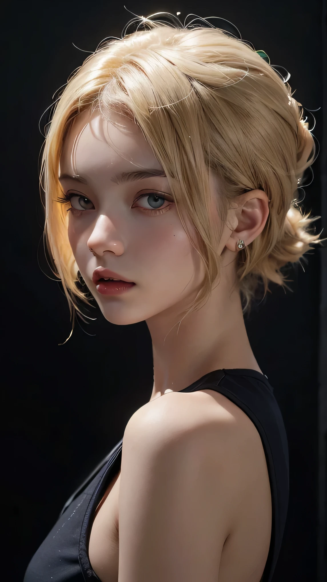 20-year-old woman, blonde, (High Top Fade:1.3), Dark Theme, Calm tone, Calm colors, High Contrast, (Natural skin texture, Hyperrealism, Soft Light, sharp)