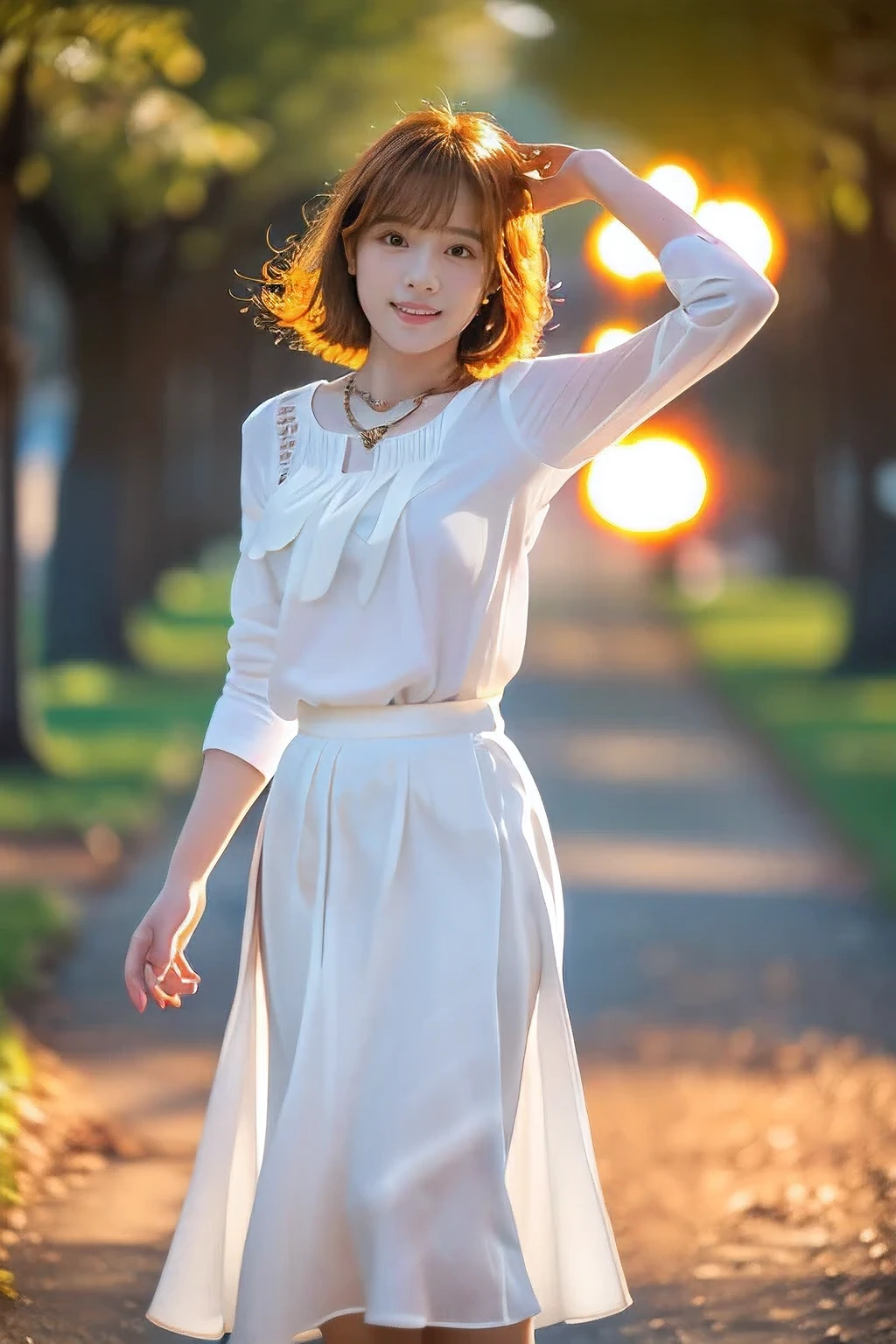 (Walking hand in hand with a small in the park:1.5)、(A gentle smile facing the child:1.5)、(18 year old woman with children:1.5)、(The best quality at its best:1.4), (Super detailed), (Very detailed CG unified 16k), Beautiful woman with perfect figure: 1.4, Sharp focus: 1.2, Very detailed, High-quality RAW color photos, Professional photography, Great face and eyes, cosmetics, (Amazingly beautiful girl), ((White blouse with long flare skirt:1.5)), Realistic movie faces, Full body long view from head to toe, Realistic, ((Realistic natural orange red hairstyle)), ( Short Bob Hair:1.5), (necklace:1.5)、, Very beautiful face, Perfect model beauty, Mouth swelling, Highly detailed face and skin texture, Fine grain, double eyelid, Medium chest, (masterpiece), Highest quality, High resolution, Very detailed, Blurred Background, Depth of written boundary, Cinema Lighting, Great legs, , Clear, well-maintained skin,((Full body shot from head to toe:1.5))