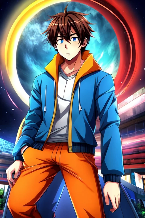 I want an anime-type image with a man edited in anime mode, the background is with games and says He up and down Alex