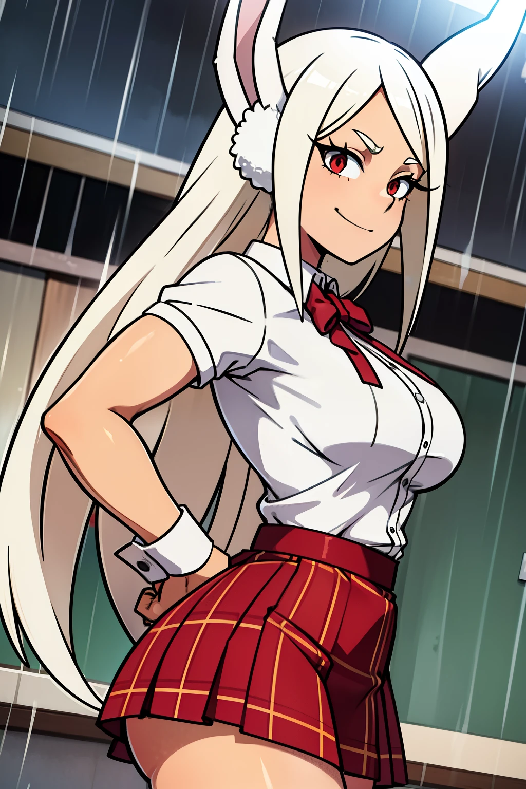 cute girls,round red eyes, White hair、Is behind,rabbit ears,big butt,sexy、smiling,Medium to long straight hairstyle、(big tits,she wears a plaid skirt,In a rental house,Is behind,evening,it was raining outside,Upper body is wet..,whole body,she wears a plaid skirt,she wears a red bra,sexy