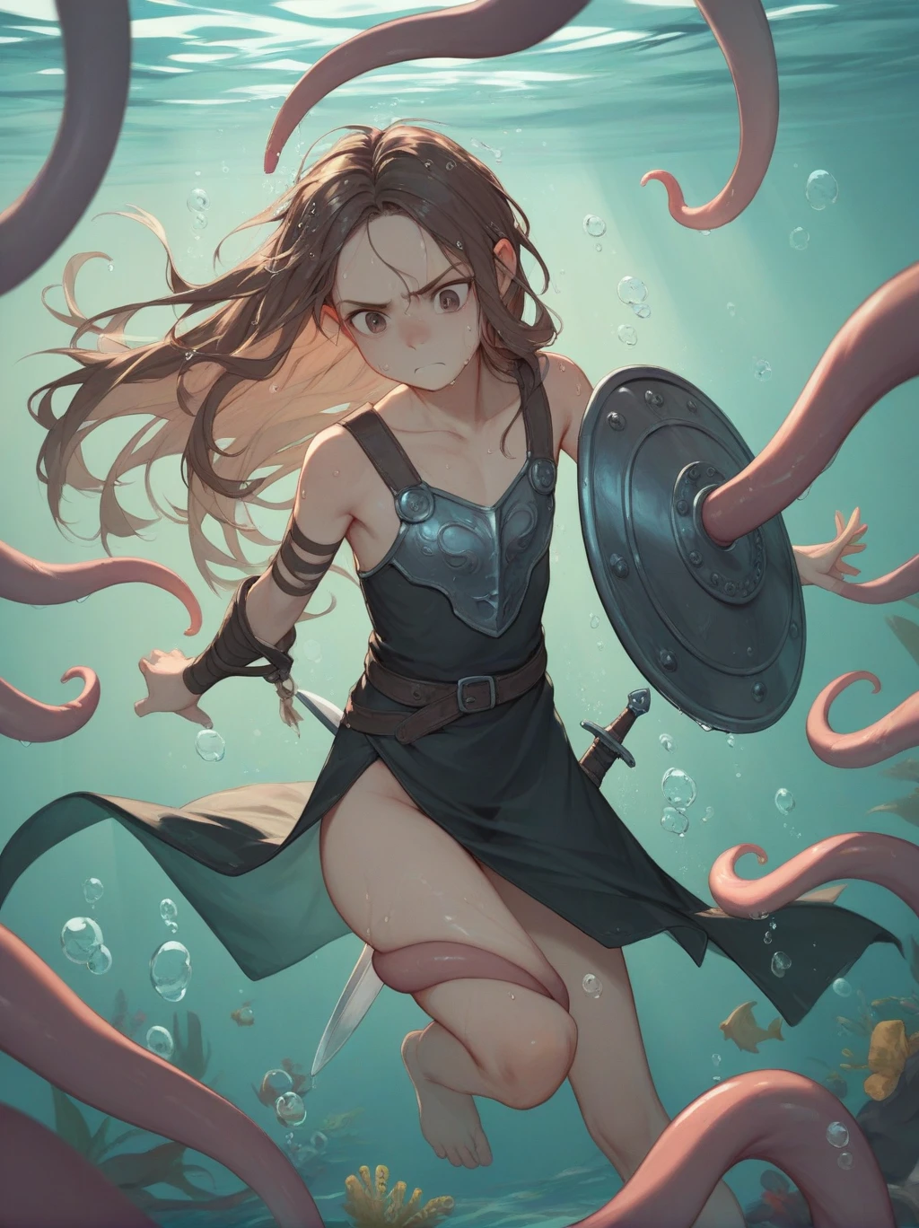 Partially underwater,最high quality,high quality, 4-year-old, , Long Hair, Brown Hair, Wet Hair, Flat Chest,Dark underground labyrinth,No light,Leather armor,Equipped with a dagger and a shield,Face above water,Body in water, Underwater Photography,The robe rolls up due to buoyancy,Painful face、My leg is pulled by tentacles、Being dragged into the water、Go wild