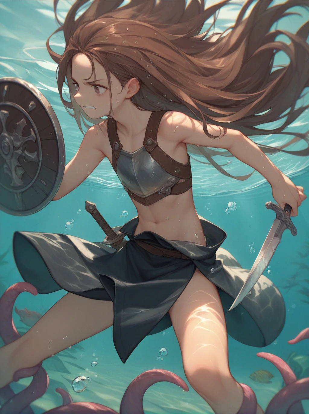 Partially underwater,最high quality,high quality, 4-year-old, , Long Hair, Brown Hair, Wet Hair, Flat Chest,Dark underground labyrinth,No light,Leather armor,Equipped with a dagger and a shield,Face above water,Body in water, Underwater Photography,The robe rolls up due to buoyancy,Painful face、My leg is pulled by tentacles、Being dragged into the water、Go wild