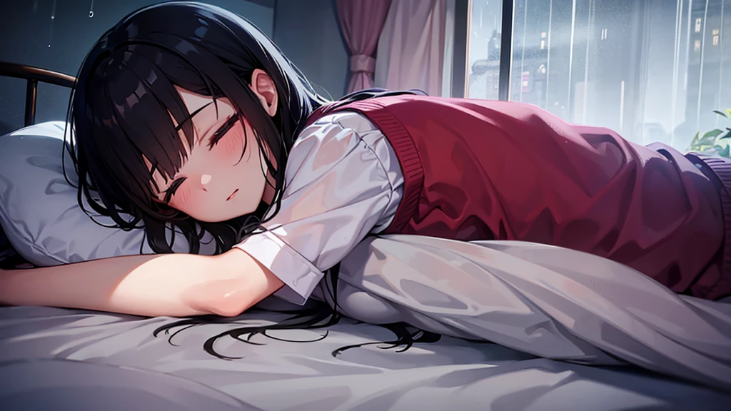 In bed，Girl，Are sleeping，Sleep，Rain from the window，Inside the house，