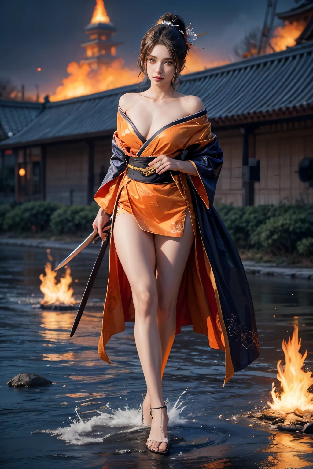 (RAW shooting, Photoreal:1.5, 8K, highest quality, masterpiece, ultra high resolution), Sengoku, Fire, Wars flaring up everywhere:1.3, perfect dynamic composition:1.2, Highly detailed skin and facial textures:1.2, Slim female samurai with a sharp Japanese sword:1.3, Fight:1.2, beautiful and aesthetic, cute and sexy beauty, perfect style:1.2, wear elaborate rings, fire, water, wind, Thunder, ice, Fair skin, very beautiful face, (Medium chest, Chest gap), (embarrassing smile, The expression on your face when you feel intense caress, Facial expression when feeling pleasure), Dull-colored combat uniform,A real sniper,Covert,(Wearing a sexy Sengoku uniform:1.1, off shoulder), (beautiful gray eyes, Eyes that feel beautiful eros:0.8), (Too erotic:0.9, Bewitching:0.9), full body shot,Small breasts,Flat Chest,Small hips,Are thin,Slim figure,Thin legs,Thin thighs,Upper kick,