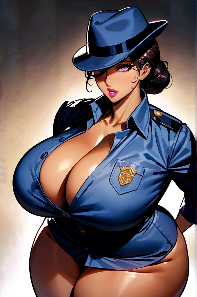 Best quality, solo mature woman, giant breasts, giant ass, very curvy, Latina woman with low bun, lilac eyes, full lips, seductive, detective uniform, police pants, police button up, fedora 