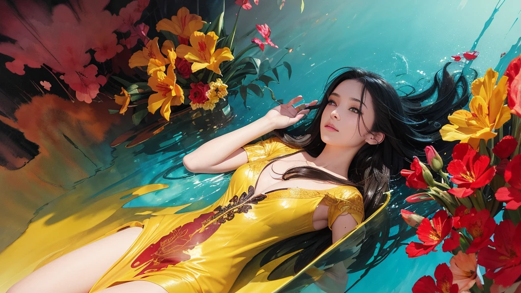 32k, Masterpiece, Highest quality, One girl, Detailed eyes, flower,gladiolus, Yellow and red style,A dreamy, romantic piece,Pale yellow, Mysterious Leaves,A playful arrangement,Fantasy,High Contrast,Ink strokes,explosion,Exposure, Impression of light blue and red tones,Abstract,((Watercolours by John Berkey and Jeremy Mann )) Brush strokes,Negative Space, Tyndall effect,