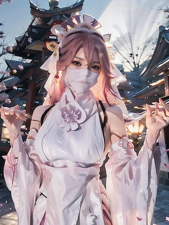 1girl, (ulzzang-6500:0.725), kpop idol, yae miko, detached sleeves, bare shoulders, pink hair, long hair, best quality, (photorealistic:1.2), (hair ornament:1.35), jewelry, purple eyes, earrings,, large breasts, torii, cherry blossoms, lantern light, depth of field, detailed face, face focus, (looking at viewer:1.25), shiny skin, long sleeves, wearing face veil, (white face veil, Mask Face Veil Chinese Hanfu, silk mask veil:1.25), game cg, thighhighs, hands on lips, east asian architecture, blurry background, full body, arms behind back, night day