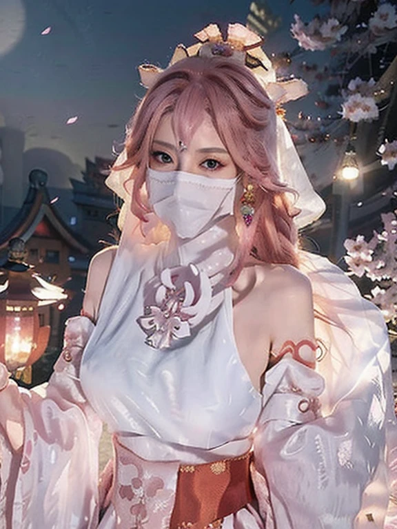 1girl, (ulzzang-6500:0.725), kpop idol, yae miko, detached sleeves, bare shoulders, pink hair, long hair, best quality, (photorealistic:1.2), (hair ornament:1.35), jewelry, purple eyes, earrings,, large breasts, torii, cherry blossoms, lantern light, depth of field, detailed face, face focus, (looking at viewer:1.25), shiny skin, long sleeves, wearing face veil, (white face veil, Mask Face Veil Chinese Hanfu, silk mask veil:1.25), game cg, thighhighs, hands on lips, east asian architecture, blurry background, full body, arms behind back,  night day