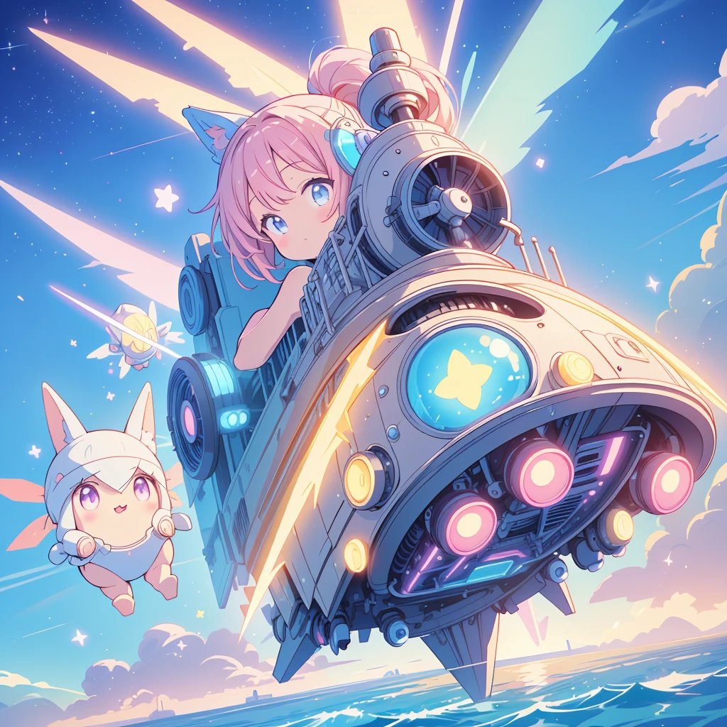 Absurd、Masterpiece、Highest quality、Official Art、The best dynamic composition、Futuristic flying star vehicle、pastel colour、Kawaii Tech,