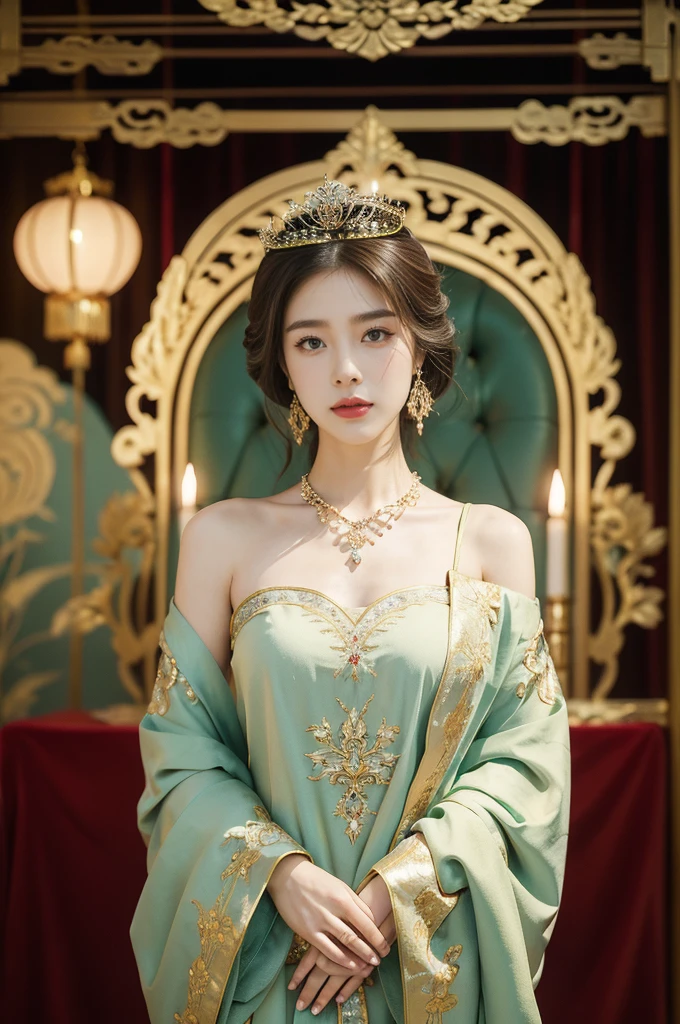 (((best quality))),(((ultra detailed))),(((masterpiece))),illustration,1 girl,solo,slim,thin,small breasts,flat chest,shoulder length straight bob hair,earrings,necklace,Asian appearance,princess,royal,Chinese palace,night scene,magnificent dragon gown,golden crown,intricate embroidery,luxurious fabric,precious stones,metallic throne,decorative patterns,rich decorations,luxurious furnishings,regal charm,beautiful face,gentle smile,bright eyes,historical,traditional,city lights,modernity,frozen moment,beauty of the past,evolution of time,from front,upper body,standing,arms behind back