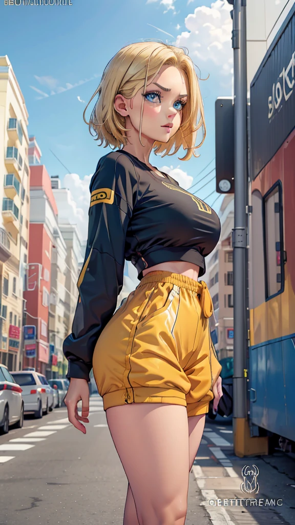 1girl, year, aqua eyes, ass focus, bicycle shorts, black gloves, blonde hair, blue background, blushing, sitting on bollard, bollard masturbation, brand imitation, bulge, comic, year covered, Spanish text, fingerless gloves, from behind, from down, gloves, gradient background, habit, hood hooded jacket, hoodie, huge ass, imminent bollard anal, inminent bollard penetration jacket, leaning forward, long sleeves, looking at viewer, looking down, female focus, medium hair, mischievous face, on the ground, open clothing, open jacket, outdoors, panels, camel toe, pou, puffed sleeves, sign, sitting, tight skin, smile, sweat, drop of sweat, horrible thighs, thighs, thought, assertive woman, high collar, warning sign, wide hips.