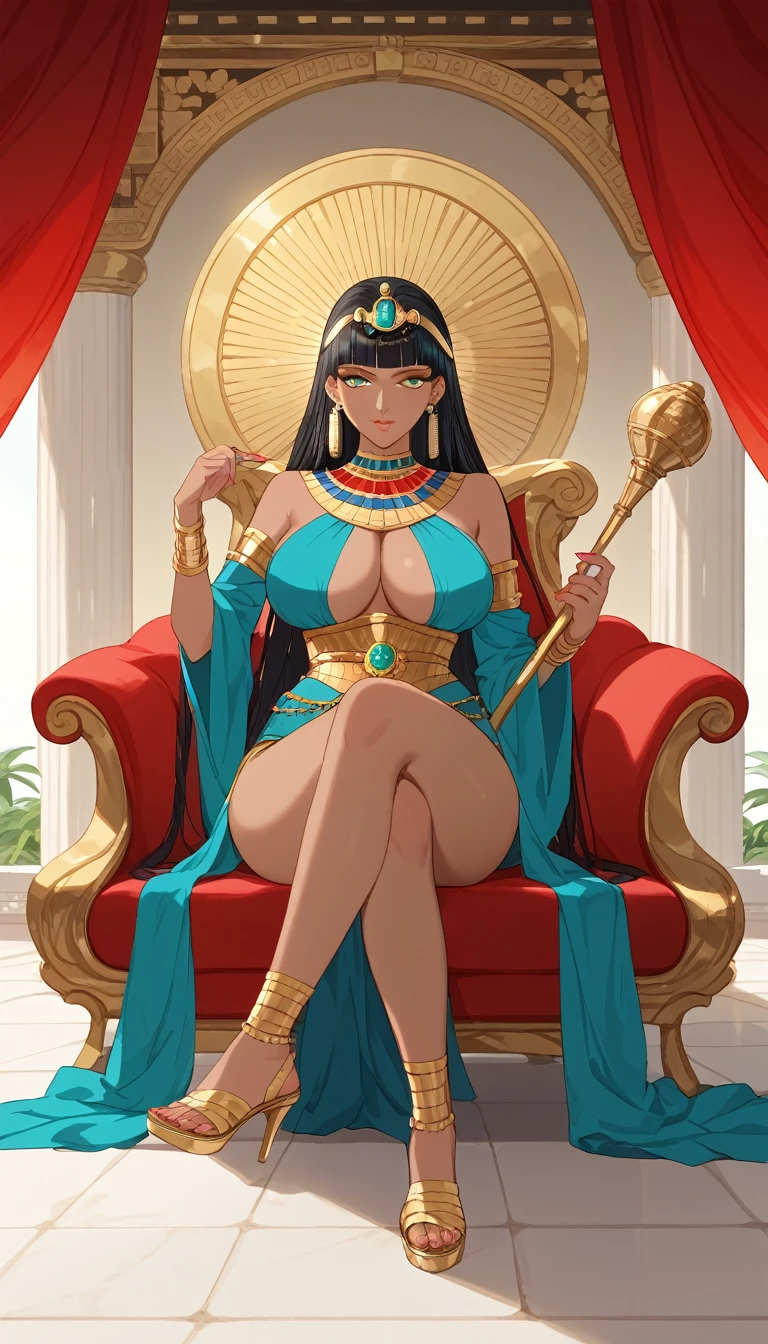 score_9, score_8_up, score_7_up, score_6_up, score_5_up, score_4_up, anime screencap, best quality, masterpiece, very aesthetic, absurdres, 1 woman, brown skin, solo, Cleopatra sits on a luxurious throne in an ancient Egyptian palace, bathed in golden light. She crosses her legs in a gorgeous space surrounded by deep red curtains, giving off an air of dignity and bewitchment. Cleopatra's face is characterized by a long, slightly hooked nose, almond-shaped eyes, full lips, and a rounded chin, and her beauty is unparalleled. Her hair is thick and curly, with ringlets framing her face at the front and a "melon" style at the back. Her costume is a dark green silk dress woven with gold thread, and jeweled gold jewelry sparkles in her hair. The throne is decorated with detailed carvings depicting ancient Egyptian gods and pharaohs. Cleopatra's hand holds an elaborately carved golden staff, and her throne is studded with rubies and emeralds. The floors of the palace are covered with luxurious Persian rugs, and the walls are decorated with vivid paintings depicting ancient Egyptian mythology. Constellations are painted on the ceiling, and sweet-smelling incense smoke rises from the incense burner at your feet.