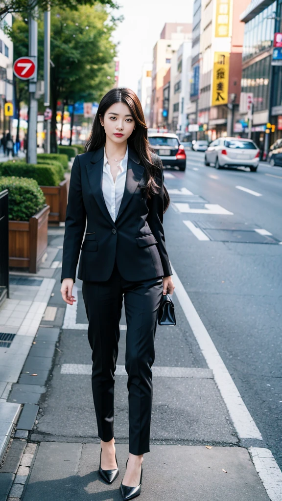 (A woman in a business suit looking at you)、Very beautiful woman、26 year old Japanese woman、Charcoal grey suit and white shirt、Wearing black pumps、(Highest quality、high resolution、High resolution、High definition、masterpiece、16K:1.2)、Woman standing in a fashionable urban street、Tokyo city、((Nikon Z9 NIKKOR Z 50mm f/1.2 S 50mm F/11 1/40secs))、(RAW Photos、Photos like the real thing、Clear photos:1.1)
