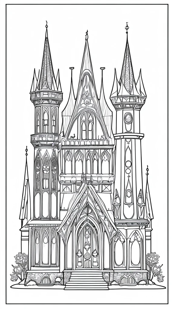A whimsical, fairy-tale-inspired house with turrets, stained glass windows, and magical creatures like fairies and unicorns around, line drawing, simple line art, coloring page style, white background